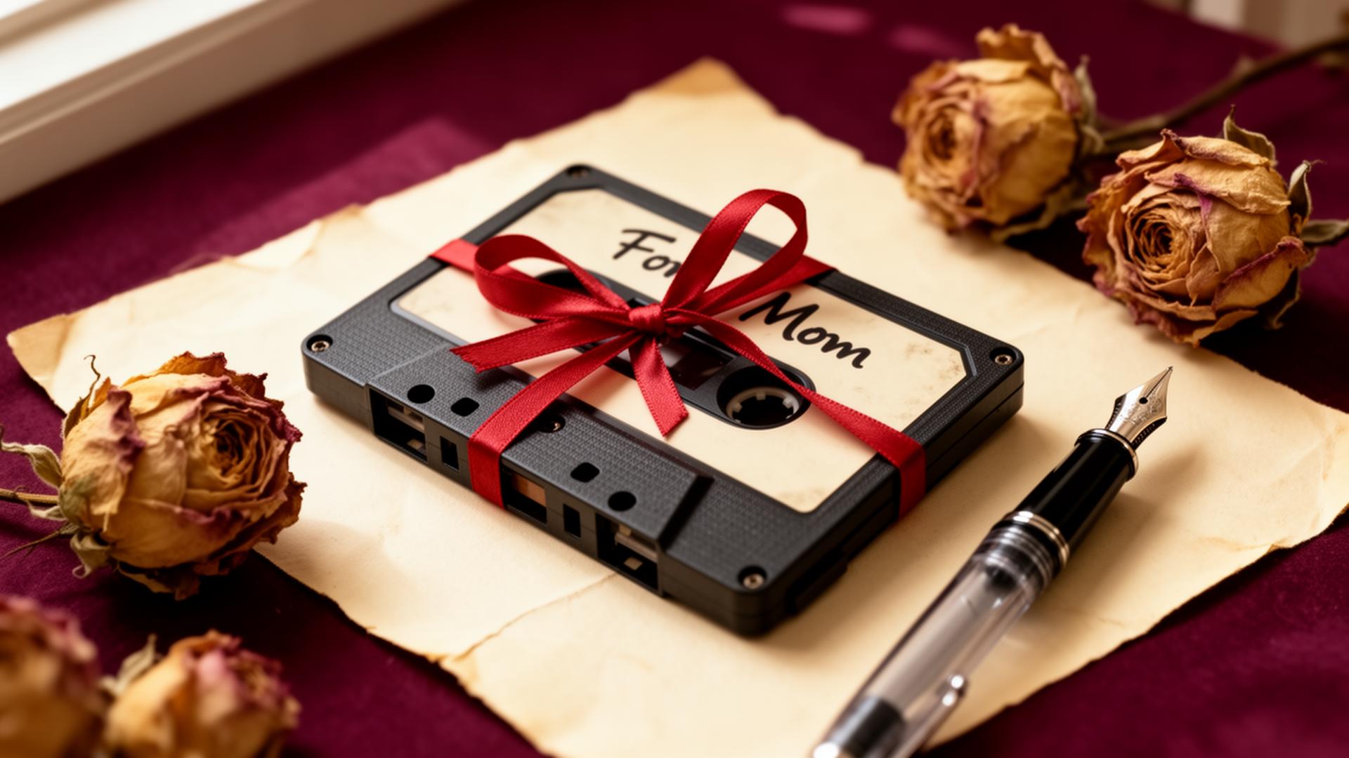 A vintage cassette tape labeled 'For Mom' tied with a red ribbon, beside dried roses — a custom song gift